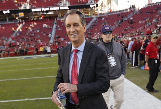 Broadcaster Cris Collinsworth stands on the field prior to the game between the San Francisco 49ers and the Green Bay Packers at Levi's Stadium on Nov. 24, 2019, in Santa Clara, California.