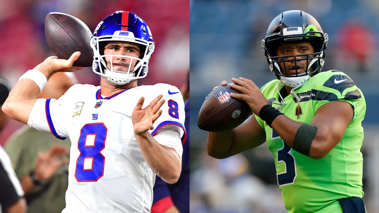 Giants QB Daniel Jones warms up before a game; Seahawks QB Russell Wilson before game against the Rams