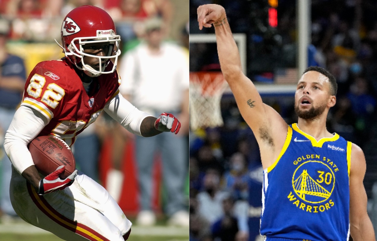 Kansas City Chiefs legend Dante Hall in 2003 and Golden State Warriors star Stephen Curry in 2021.