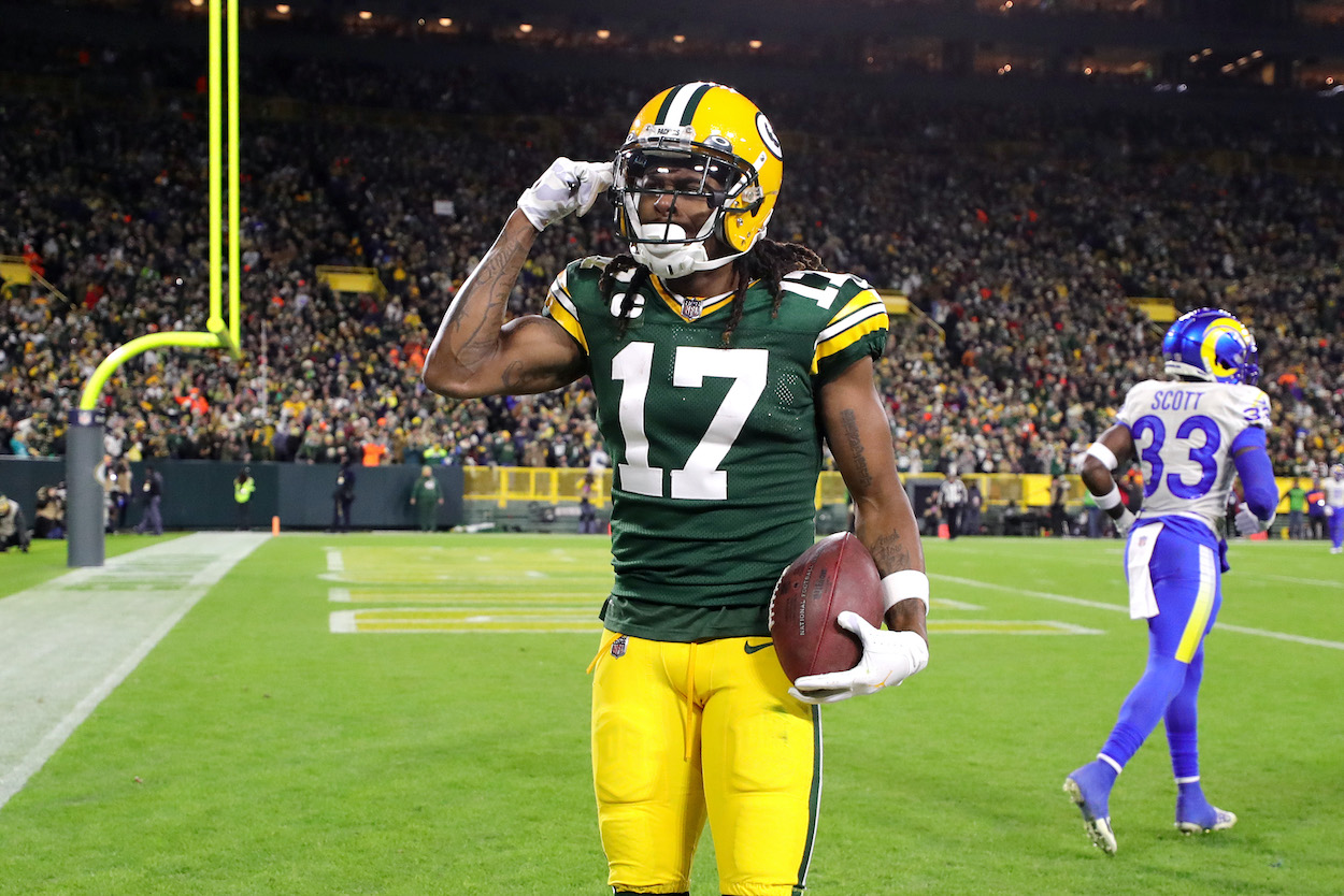 Davante Adams of the Green Bay Packers celebrates after a catch during the second quarter against the LA Rams at Lambeau Field on November 28, 2021 in Green Bay, Wisconsin.