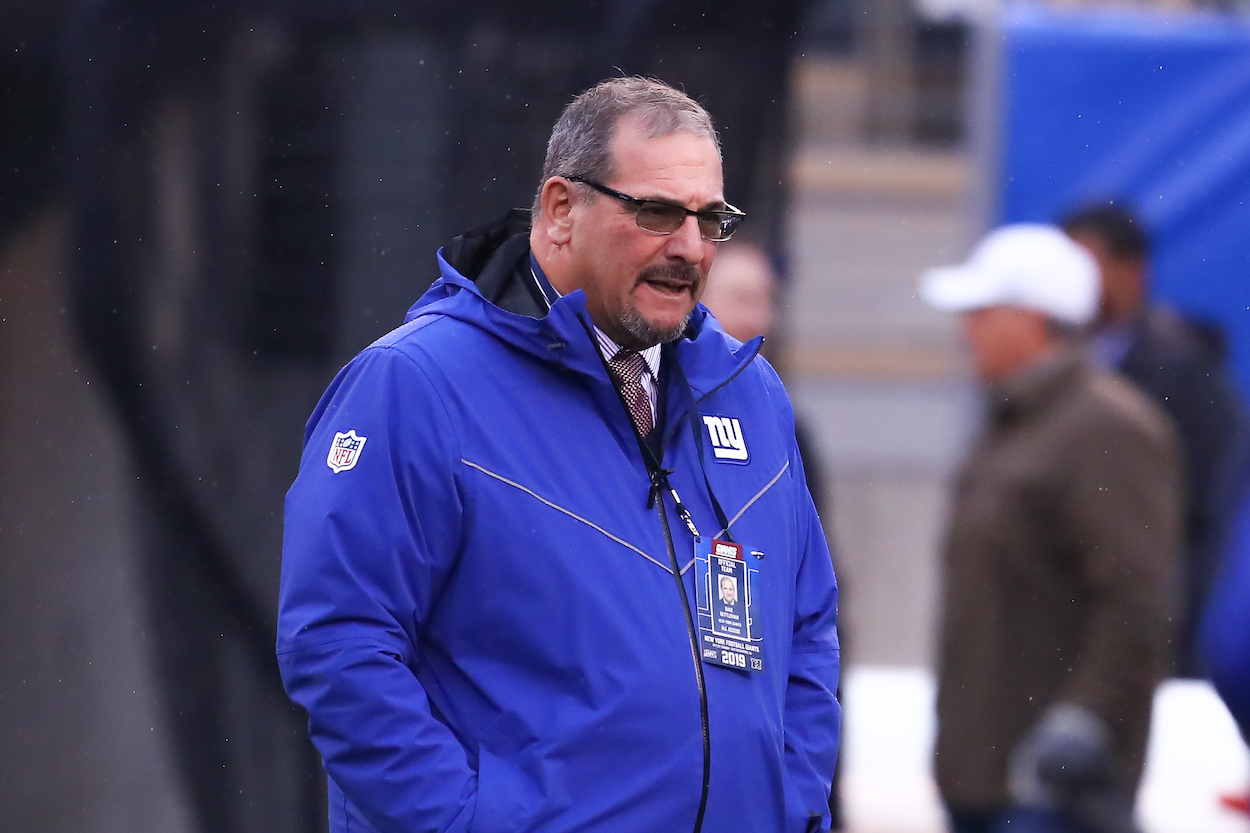 New York Giants general manager Dave Gettleman, who ESPN's Mike Greenberg think will be fired this seasons, is seen on the field prior to the National Football League game between the New York Giants and the Philadelphia Eagles on December 29, 2019 at MetLife Stadium in East Rutherford, NJ.