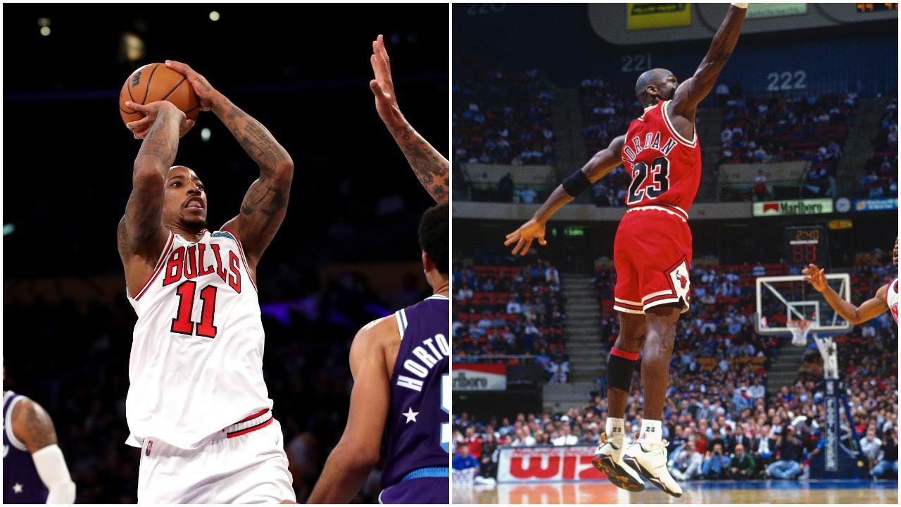 L-R: Current Chicago Bulls star DeMar DeRozan shoots during a game against the LA Lakers and Bulls legend Michael Jordan going up with the ball