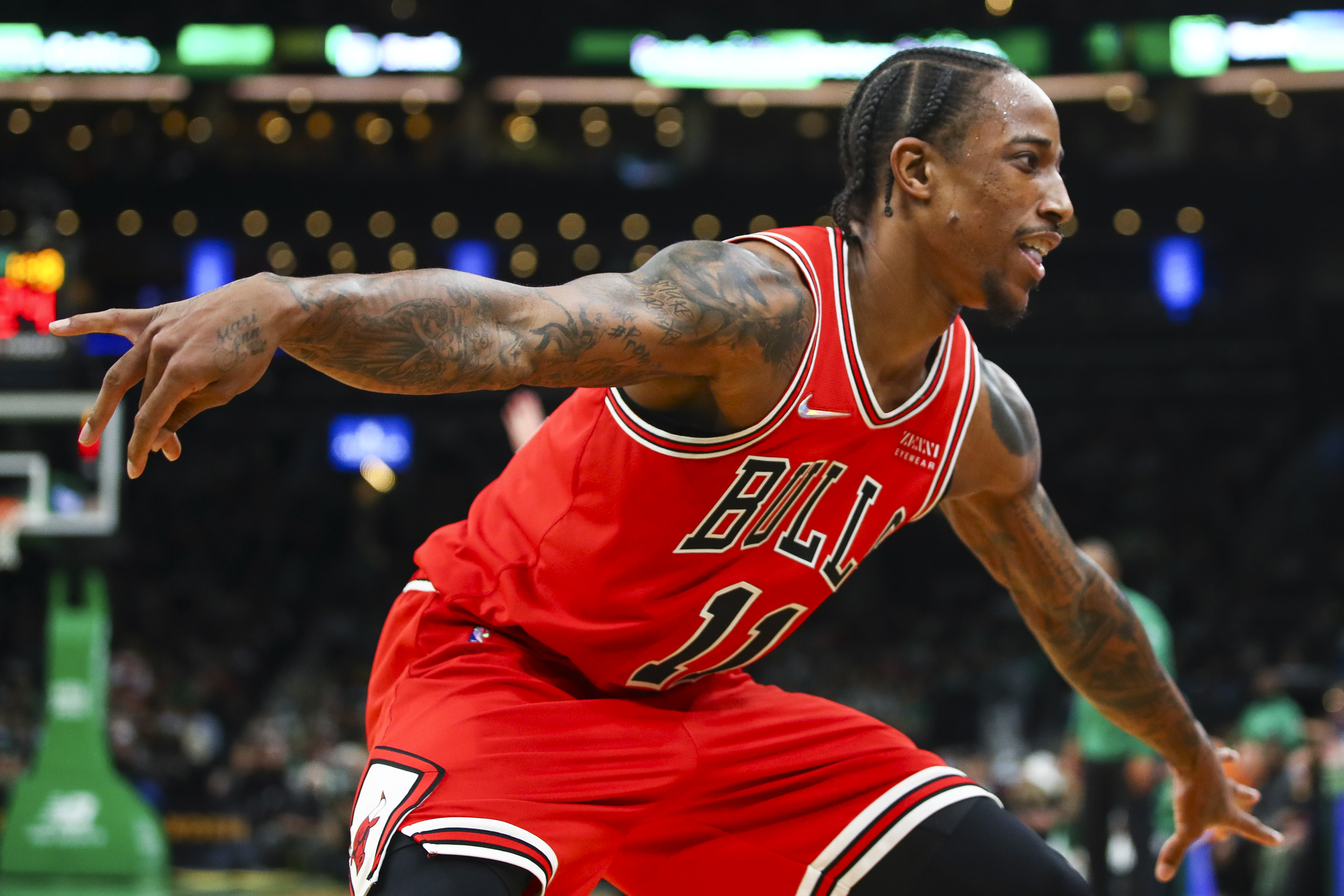 Chicago Bulls swingman DeMar DeRozan celebrates a shot during a game against the Boston Celtics