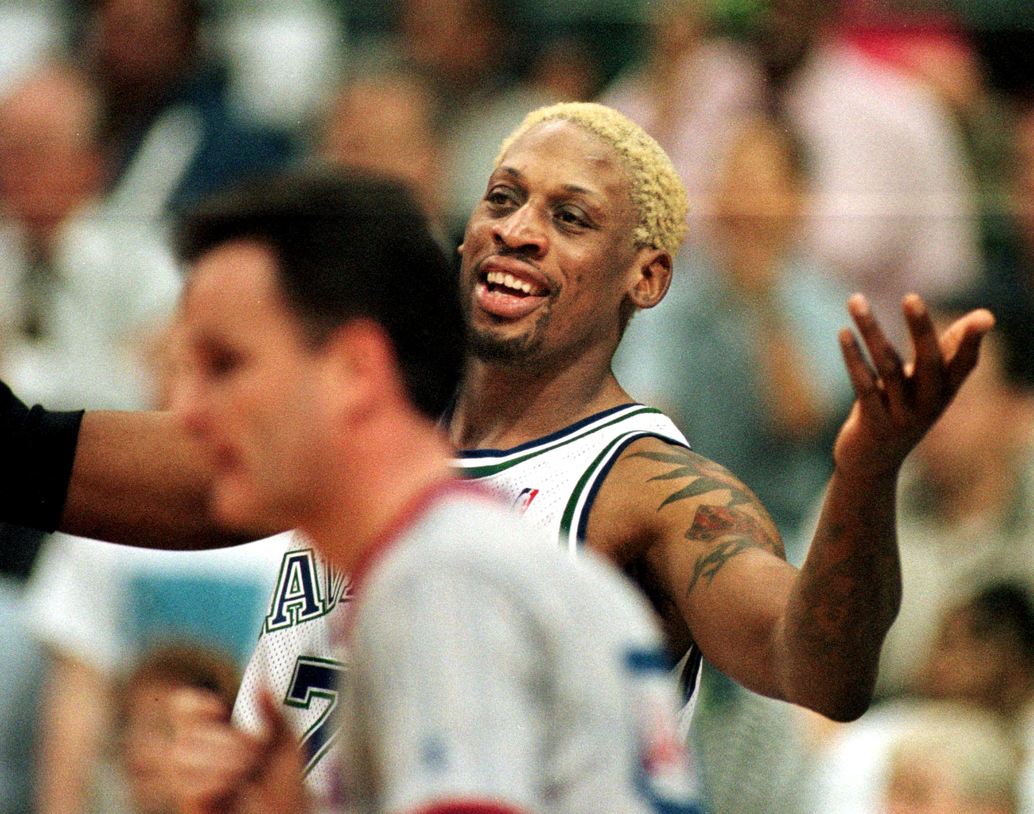 Dennis Rodman argues a call during an NBA game in February 2000