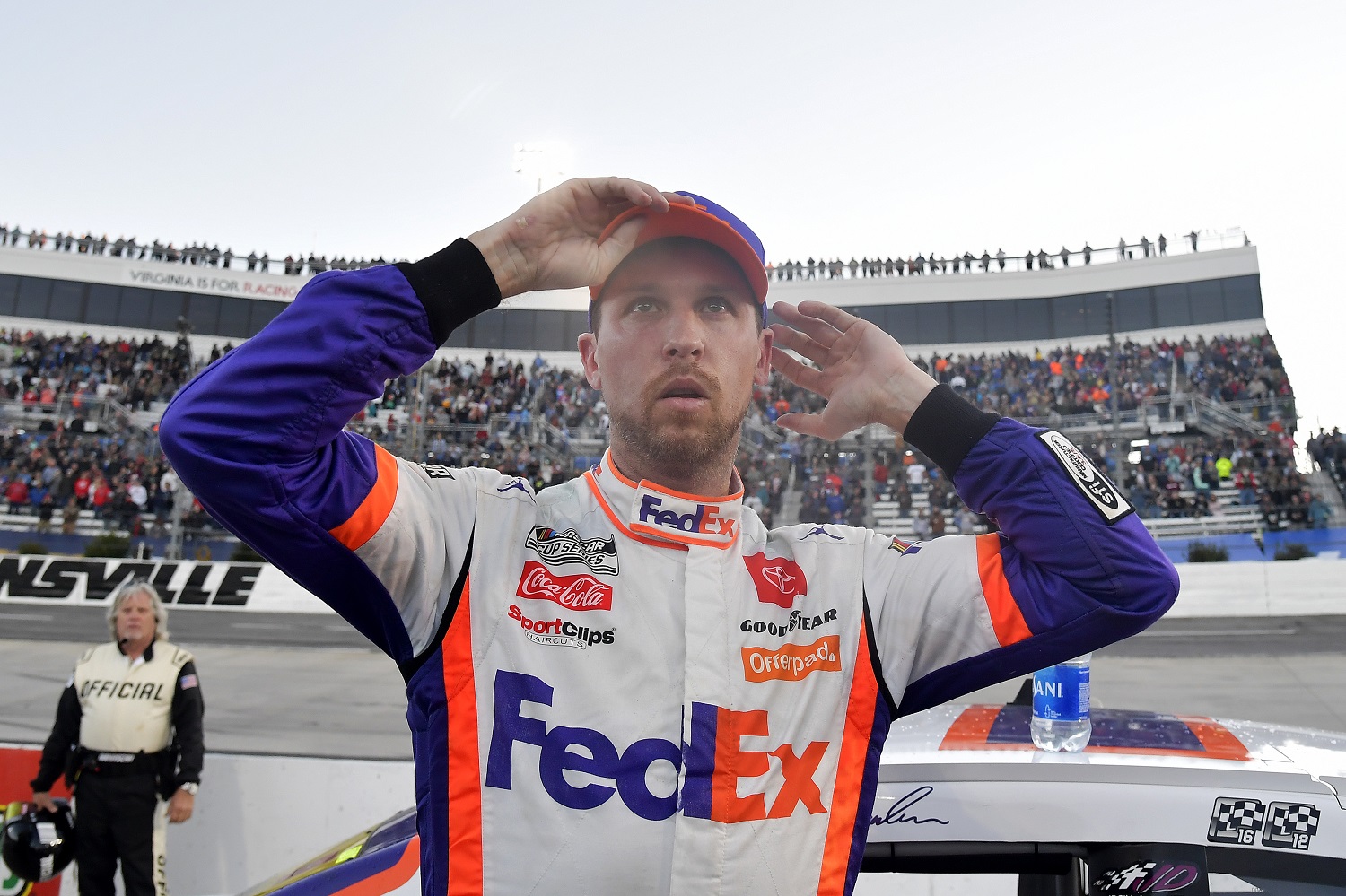 Denny Hamlin, driver of the No. 11 Toyota, reacts after the NASCAR Cup Series Xfinity 500 at Martinsville Speedway on Oct. 31, 2021.