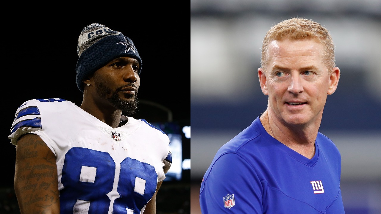 Cowboys WR Dez Bryant standing on the field; Giants offensive coordinator Jason Garrett looks on before a game