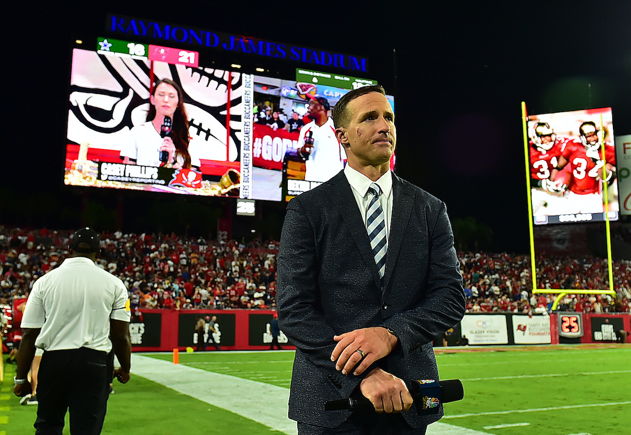 Drew Brees, who still likes the Buffalo Bills, stands on the sideline during the game between the Tampa Bay Buccaneers and the Dallas Cowboys at Raymond James Stadium on September 09, 2021 in Tampa, Florida.