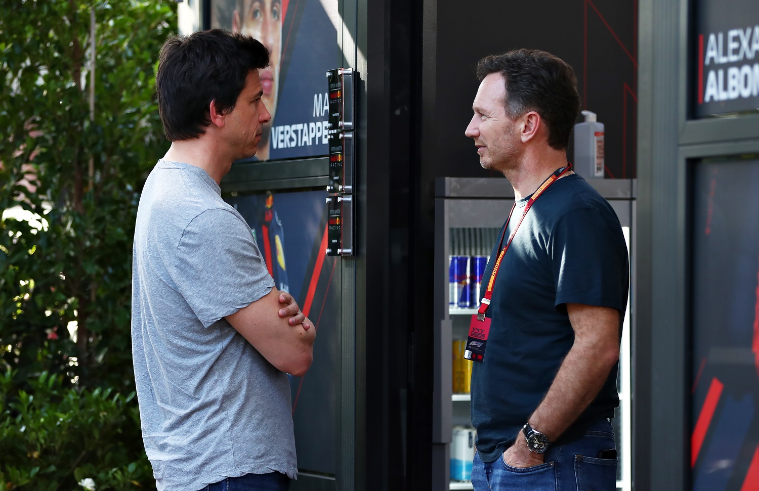 Mercedes executive director Toto Wolff and Red Bull Racing team principal Christian Horner talk in the paddock during previews ahead of the Formula 1 Grand Prix of Australia at Melbourne Grand Prix Circuit on March 12, 2020.