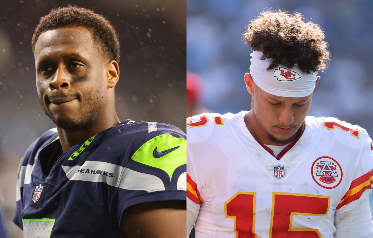 Seattle Seahawks quarterback Geno Smith (L) and Kansas City Chiefs quarterback Patrick Mahomes in 2021.