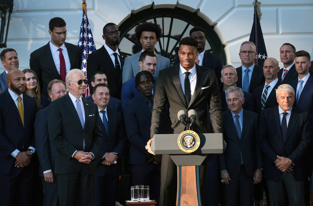 Giannis Antetokounmpo of the Milwaukee Bucks delivers remarks during an event where U.S. President Joe Biden honored the Bucks.