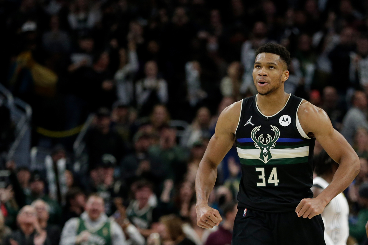 NBA superstar Giannis Antetokounmpo of the Milwaukee Bucks during a game against the Oklahoma City Thunder in 2021.