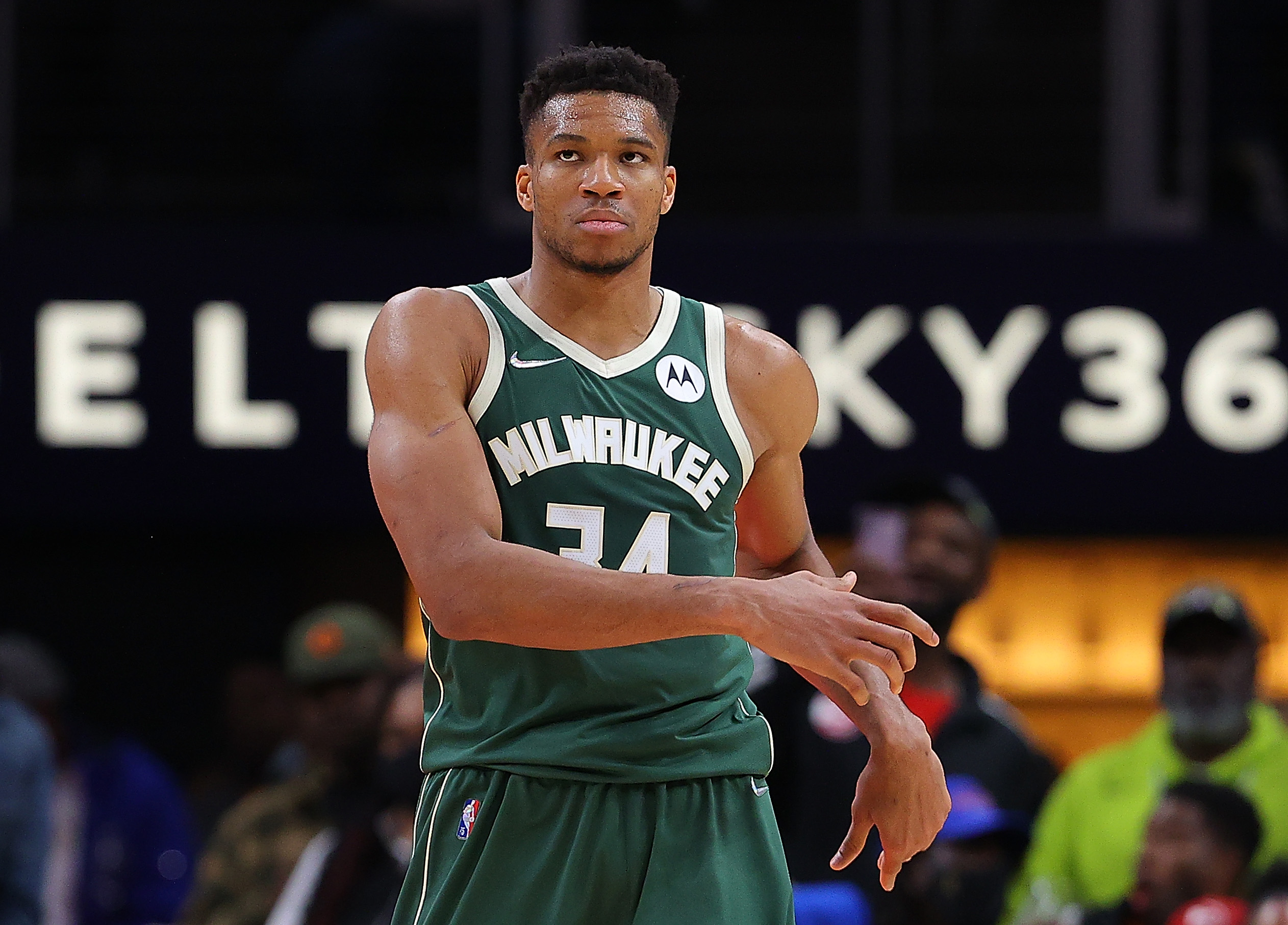 Giannis Antetokounmpo of the Milwaukee Bucks reacts after being charged with his fifth foul.