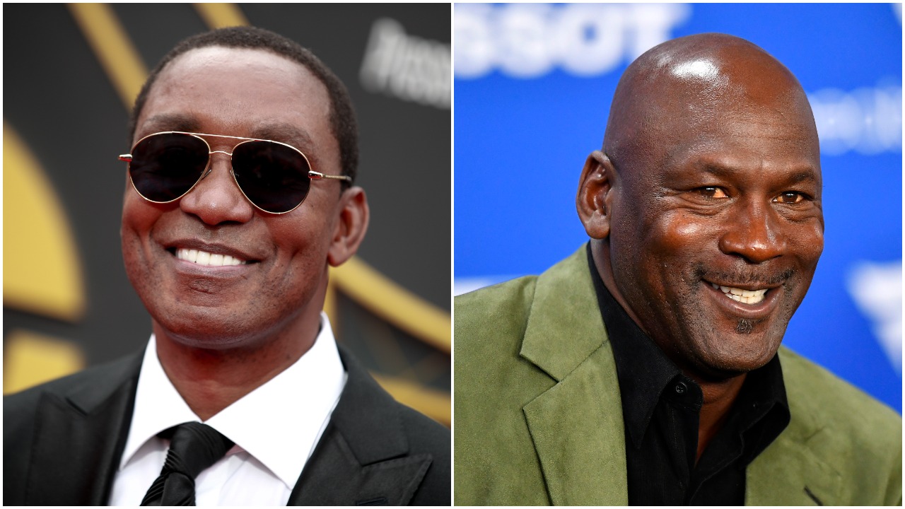 Left to Right: Isiah Thomas at the 2019 NBA Awards and Michael Jordan speaking at a press conference in January 2020