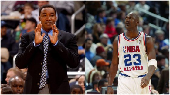L-R: Detroit Pistons legend Isiah Thomas coaches during an Indiana Pacers game and Chicago Bulls great Michael Jordan looks on during the 2003 NBA All-Star Game