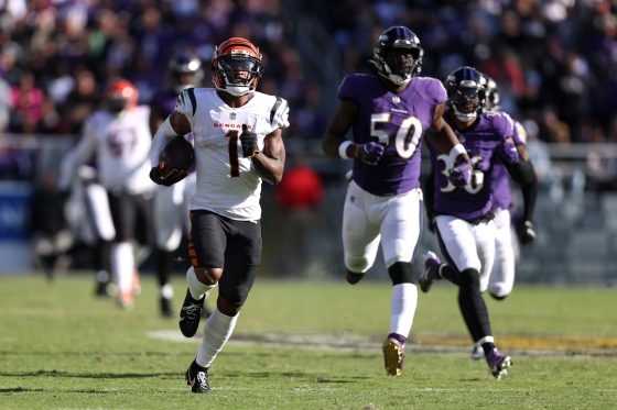 Wide receiver Ja'Marr Chase of the Cincinnati Bengals goes in for a second half touchdown after catching a pass.