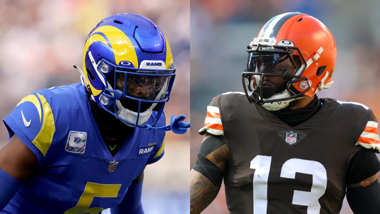 Rams cornerback Jalen Ramsey in action; Odell Beckham Jr. lines up for the Cleveland Browns