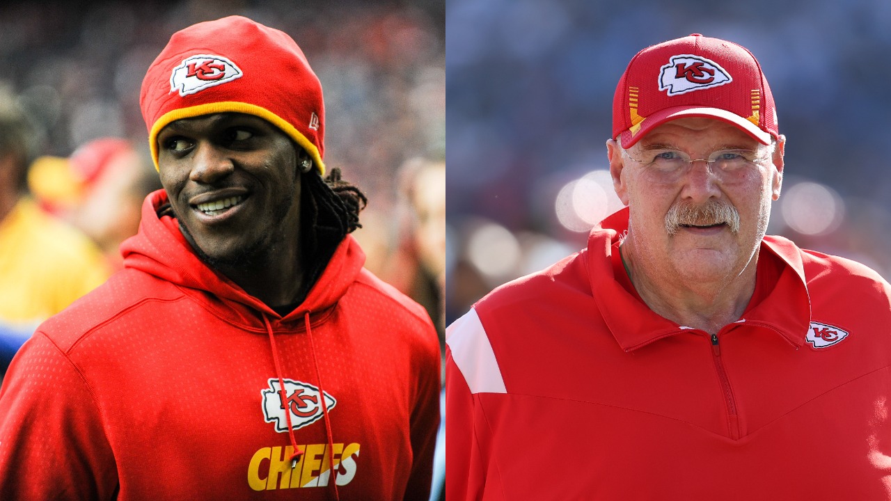 Former running back Jamaal Charles on the field before game; Chiefs head coach Andy Reid walks on the sideline