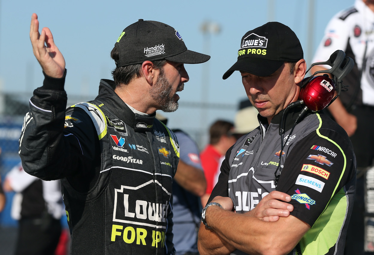 Jimmie Johnson and Chad Knaus talk during qualifying