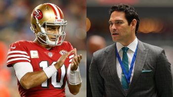 (L-R) Jimmy Garoppolo of the San Francisco 49ers reacts after a first down during the first quarter against the Los Angeles Rams at Levi's Stadium on November 15, 2021 in Santa Clara, California; Mark Sanchez of Fox Sports looks on prior to the game against the Carolina Panthers at Mercedes-Benz Stadium on October 31, 2021 in Atlanta, Georgia.