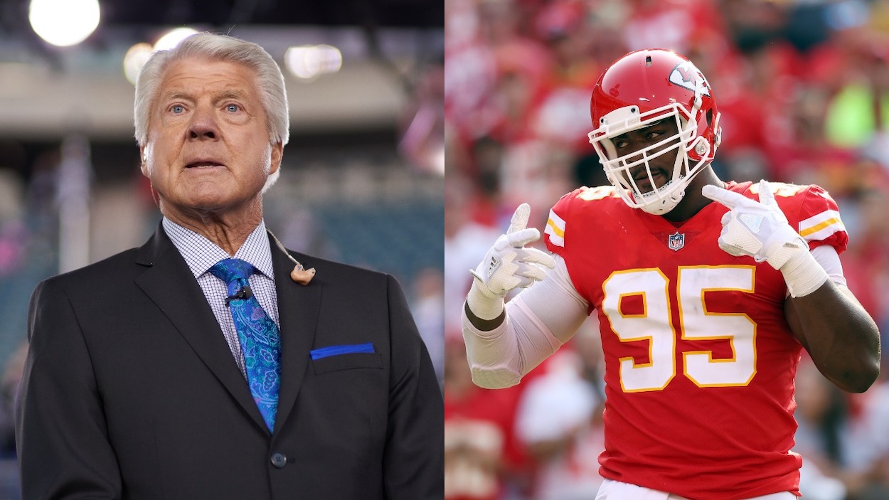 (L-R) FOX Sports commentator Jimmy Johnson looks on prior to the start of the NFC Championship Game between the Minnesota Vikings and the Philadelphia Eagles on January 21, 2018 at the Lincoln Financial Field in Philadelphia, Pennsylvania; Defensive end Chris Jones of the Kansas City Chiefs carries in action during the game against the Cleveland Browns at Arrowhead Stadium on September 12, 2021 in Kansas City, Missouri.