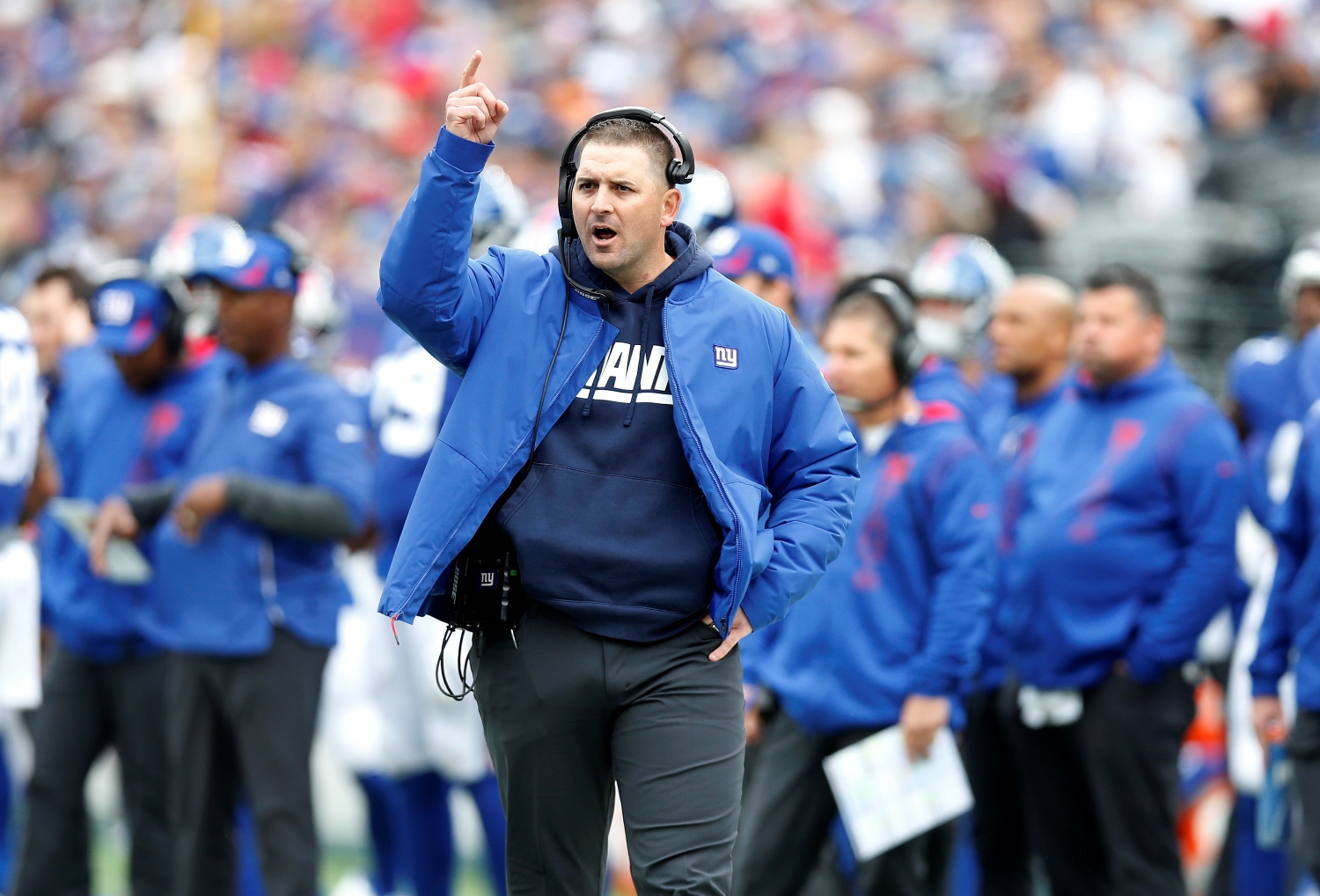 New York Giants coach Joe Judge in action during a game.