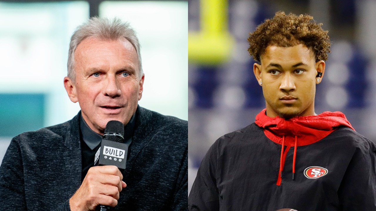 Joe Montana speaks during an interview; 49ers QB Trey Lance warms up before a game