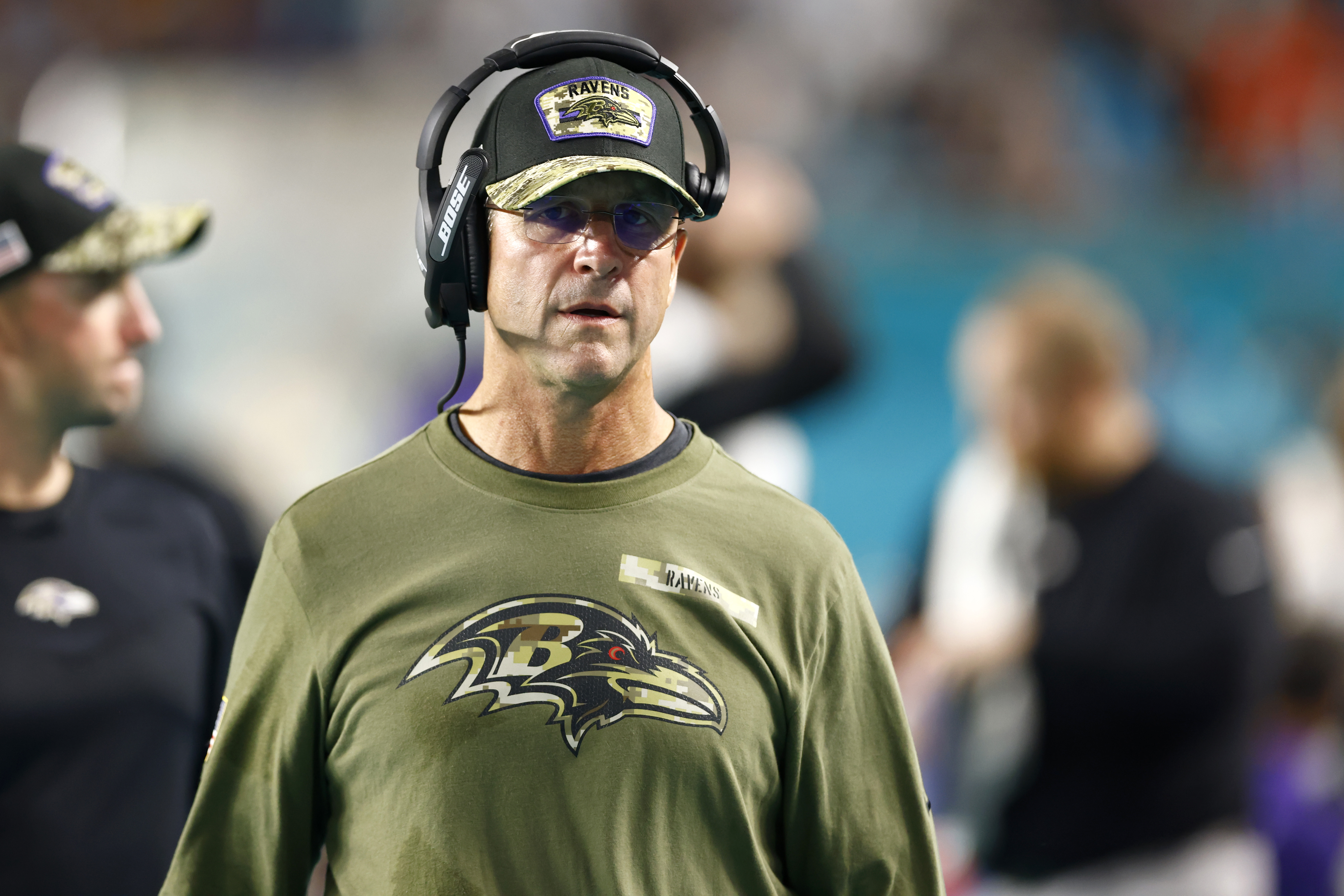 John Harbaugh coaching the Ravens against the Dolphins
