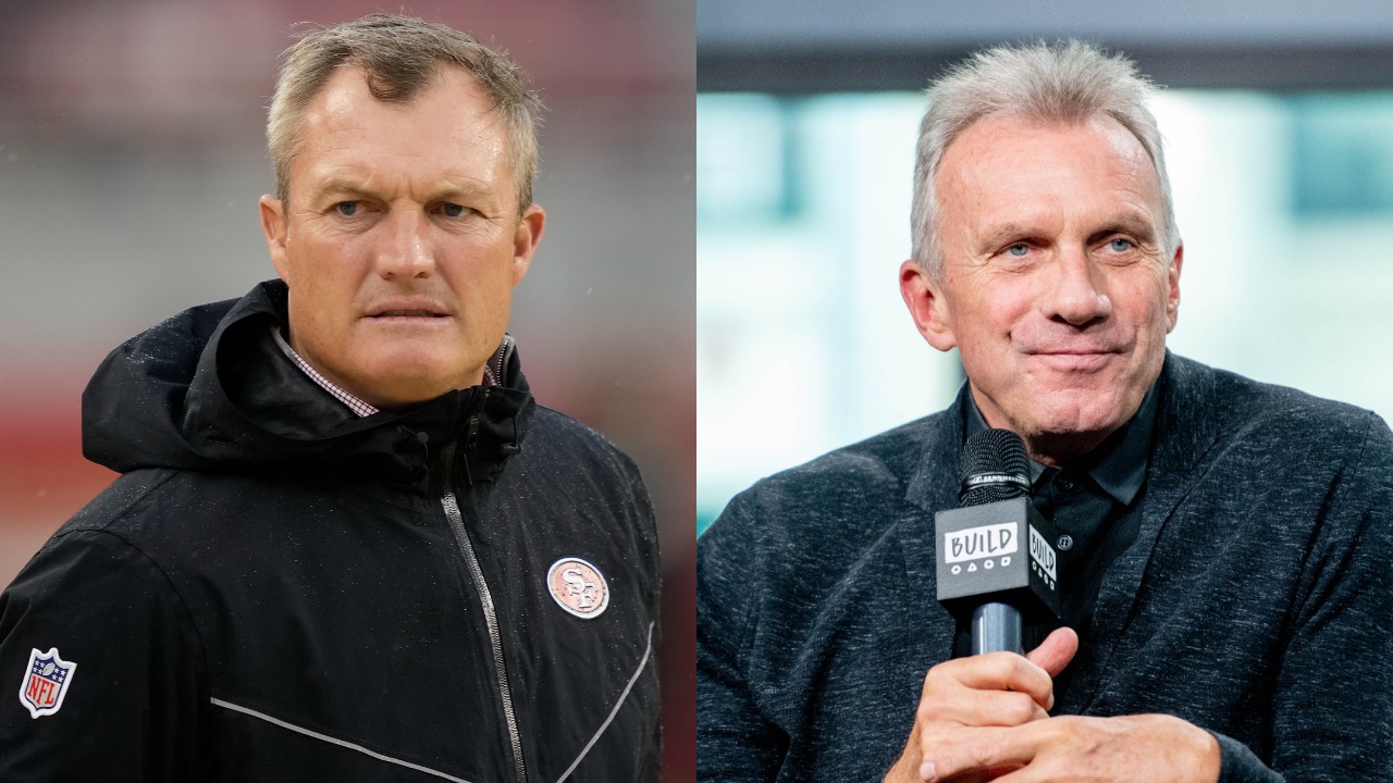 49ers GM John Lynch on the field before a game; Joe Montana speaks during on a panel