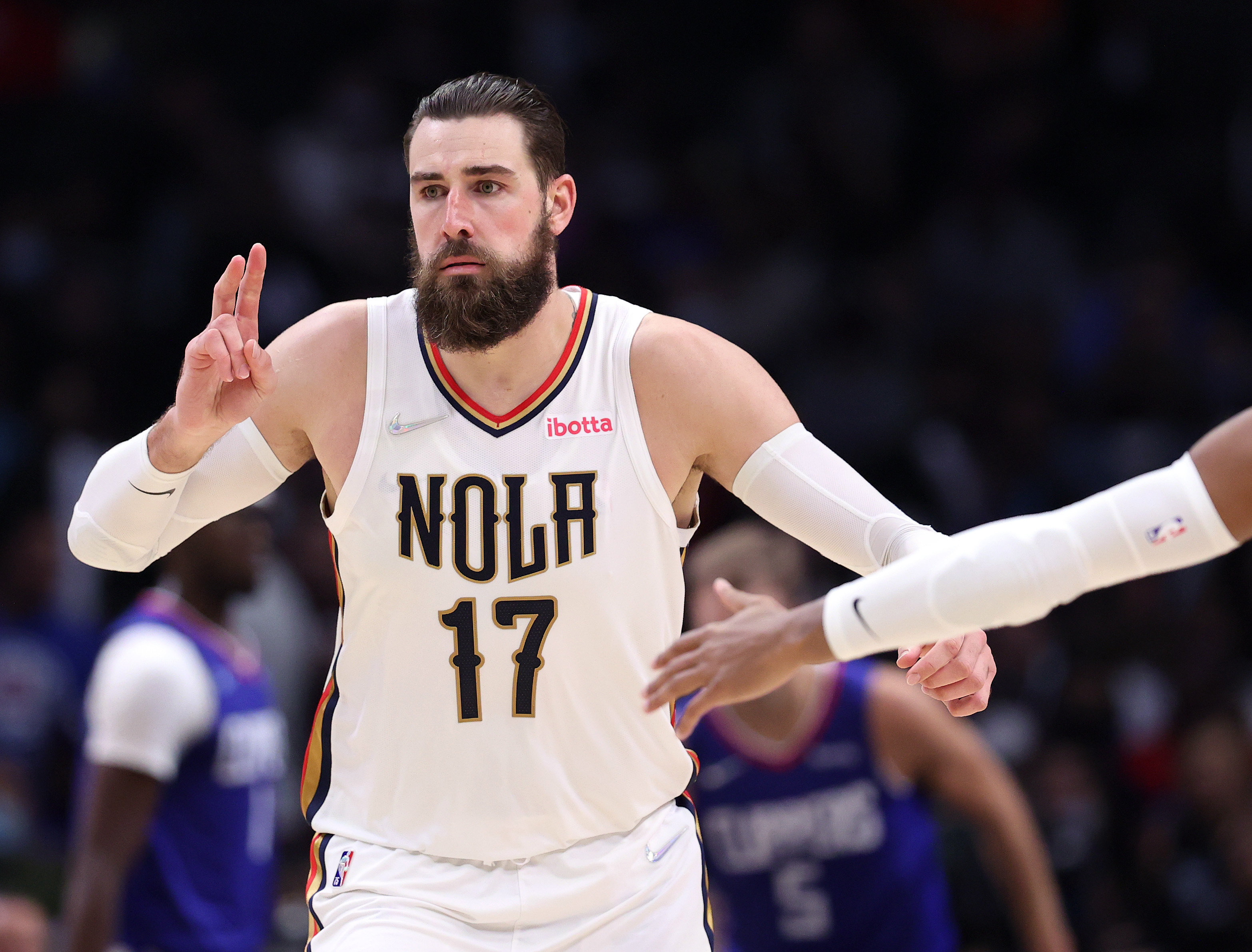 New Orleans Pelicans center Jonas Valanciunas reacts during an NBA game against the Los Angeles Clippers