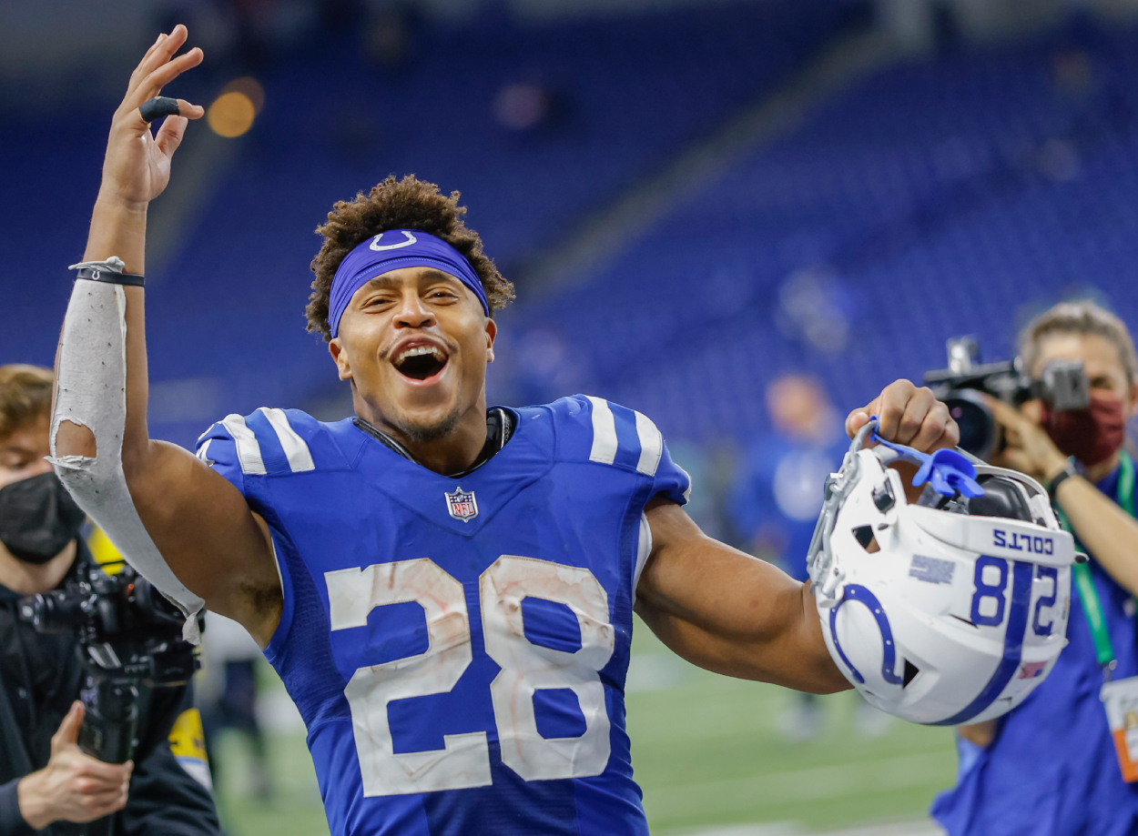 Indianapolis Colts running back Jonathan Taylor after a game in November 2021.