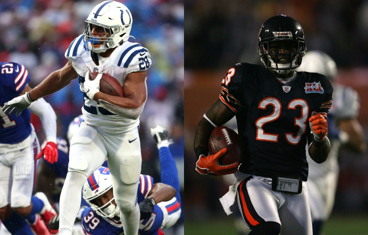 Indianapolis Colts running back Jonathan Taylor (L) in 2021 and Chicago Bears legend Devin Hester in 2007.