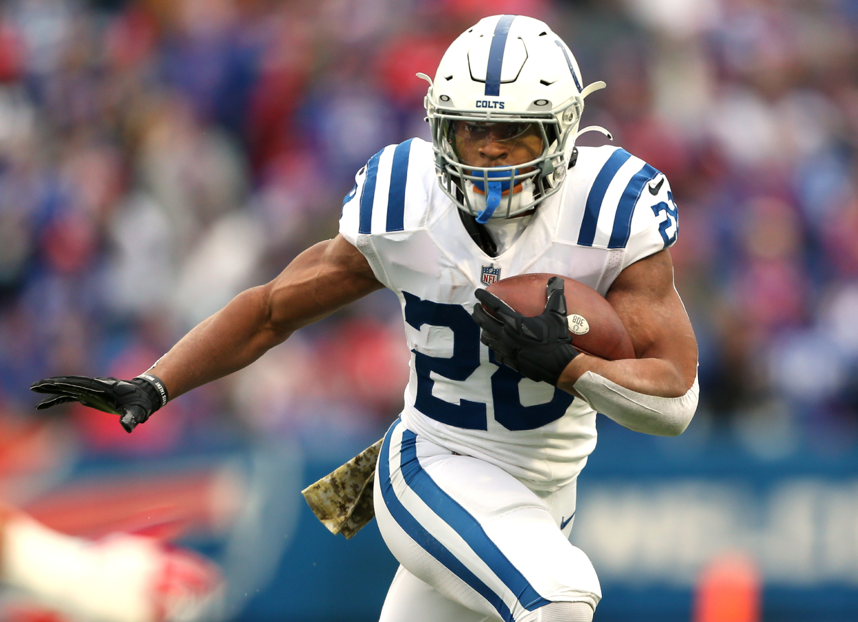 Indianapolis Colts running back Jonathan Taylor in a 2021 NFL game against the Buffalo Bills.