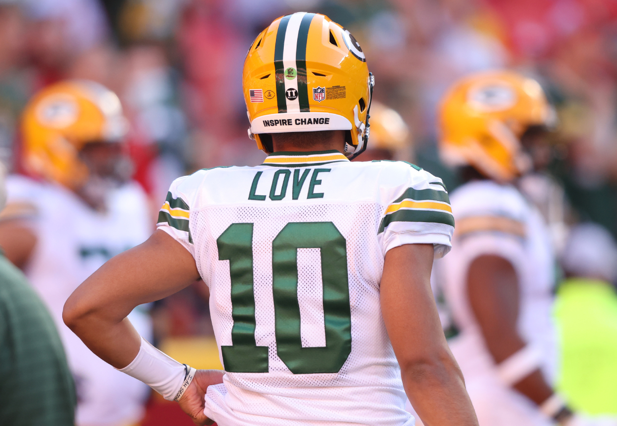 Jordan Love of the Green Bay Packers warms up before the game against the Kansas City Chiefs.