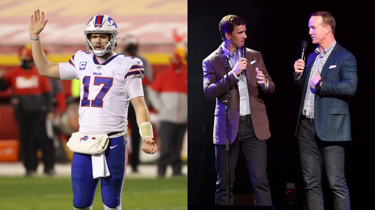 (L-R) Josh Allen, of the Buffalo Bills, who might be the next ManningCast curse victim reacts in the second quarter against the Kansas City Chiefs during the 2020 AFC Championship game | Eli Manning (L) and Peyton Manning speak onstage during the EA Sports Bowl at Bud Light Super Bowl Music Fest on January 30, 2020 in Miami, Florida.