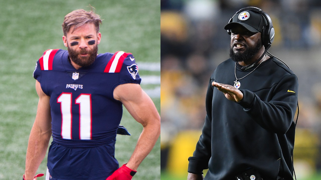 Patriots WR Julian Edelman in action; Steelers head coach Mike Tomlin on the sideline