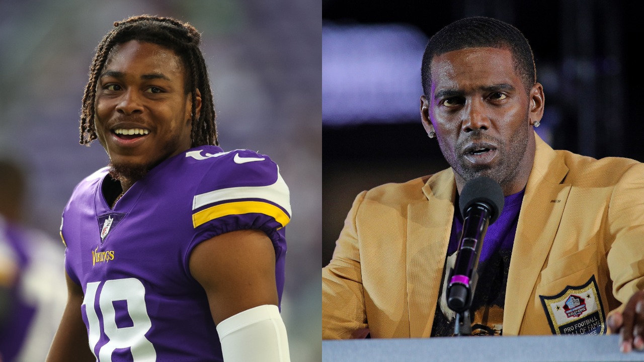 Vikings WR Justin Jefferson in action; Randy Moss speaks at Hall of Fame induction