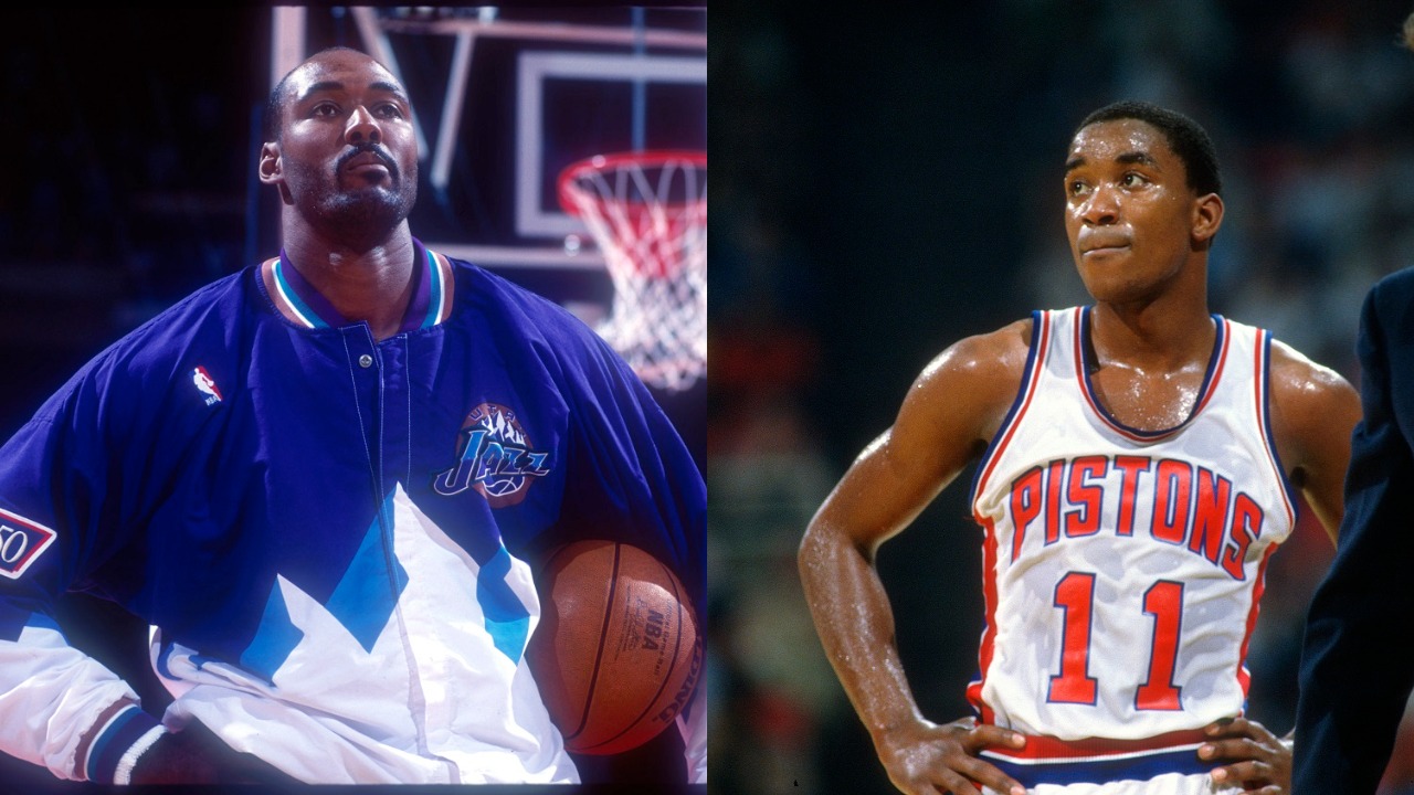 Utah Jazz forward Karl Malone and Detroit Pistons point guard Isiah Thomas