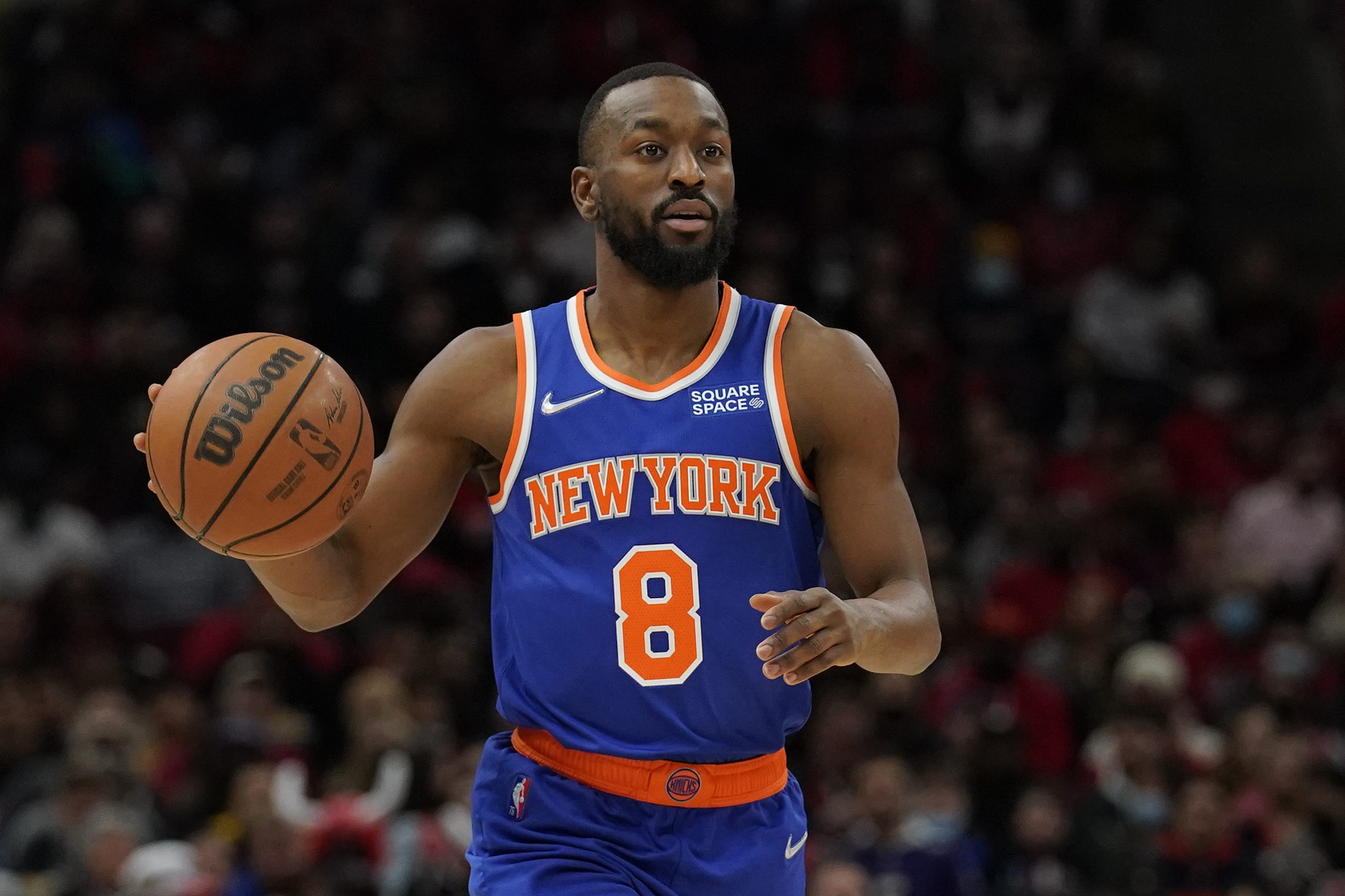 Kemba Walker of the New York Knicks dribbles the ball against the Chicago Bulls.