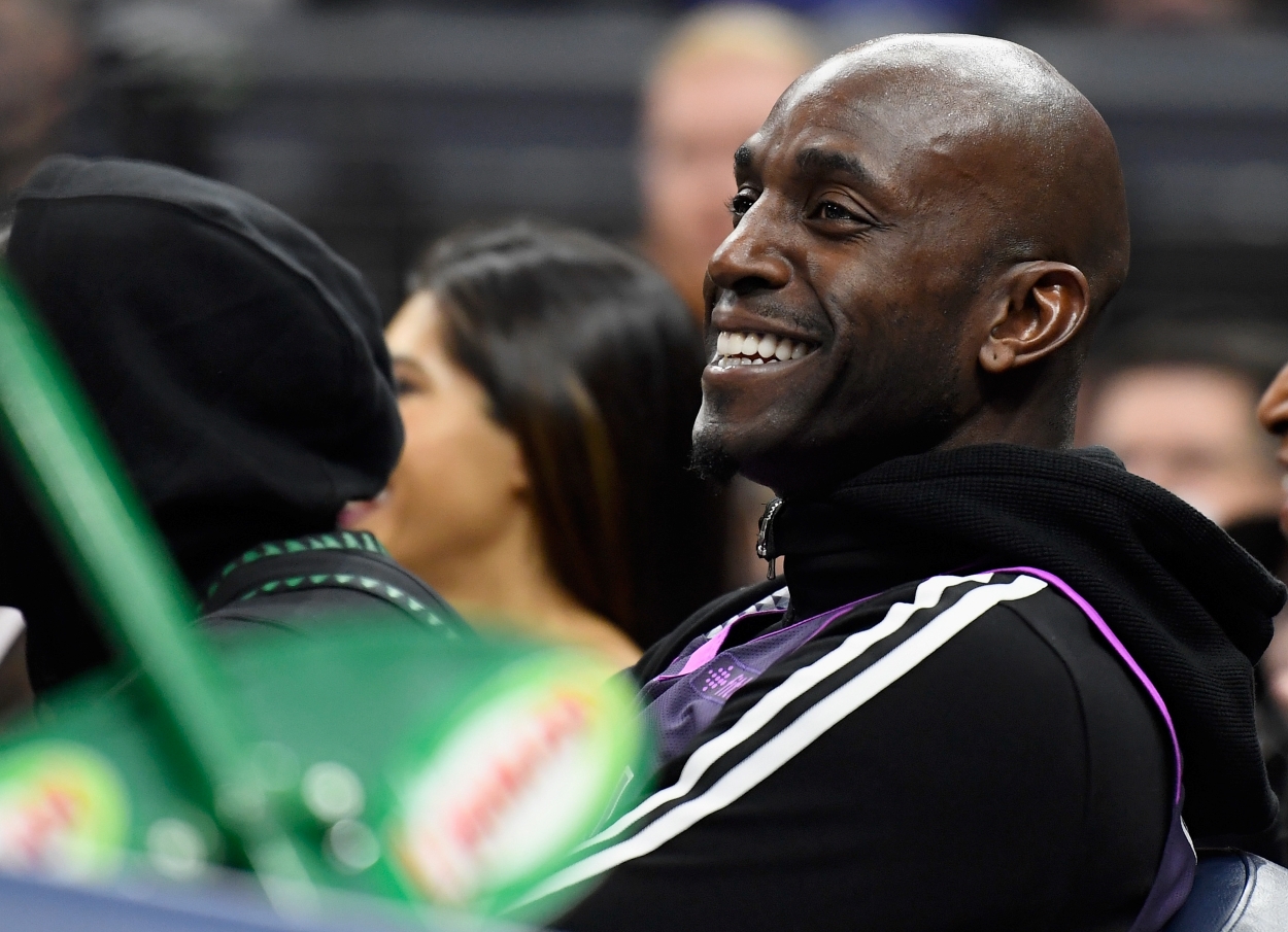 Kevin Garnett looks on during a game between the Minnesota Timberwolves and Portland Trail Blazers.