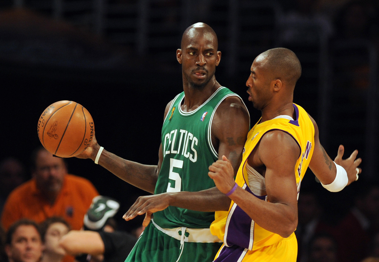 NBA legends Kevin Garnett and Kobe Bryant during the 2008 NBA Finals when the Celtics took on the Lakers.
