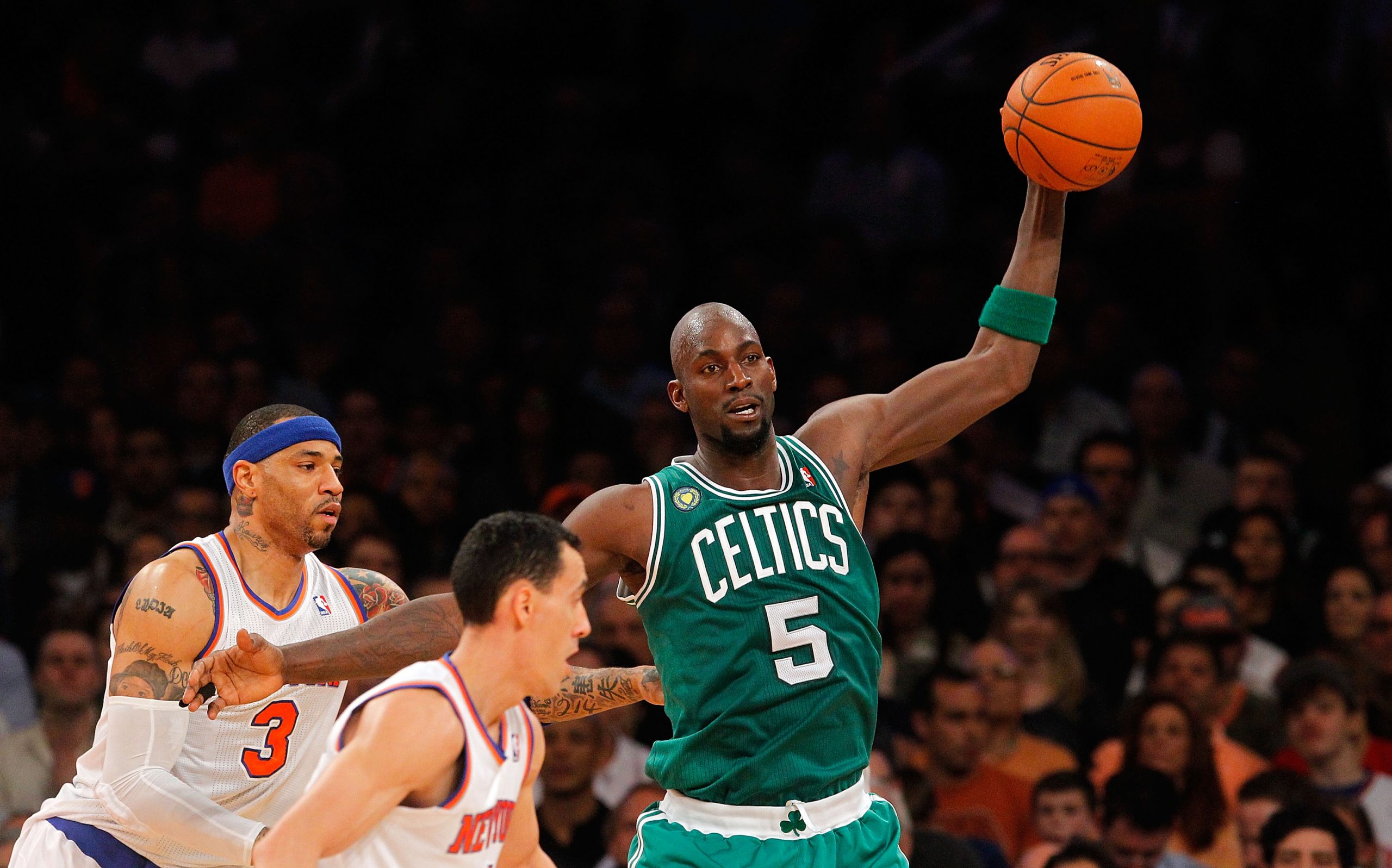 Kevin Garnett of the Boston Celtics in action against the New York Knicks during Game 5 of the Eastern Conference Quarterfinals on May 1, 2013, at Madison Square Garden in New York City.