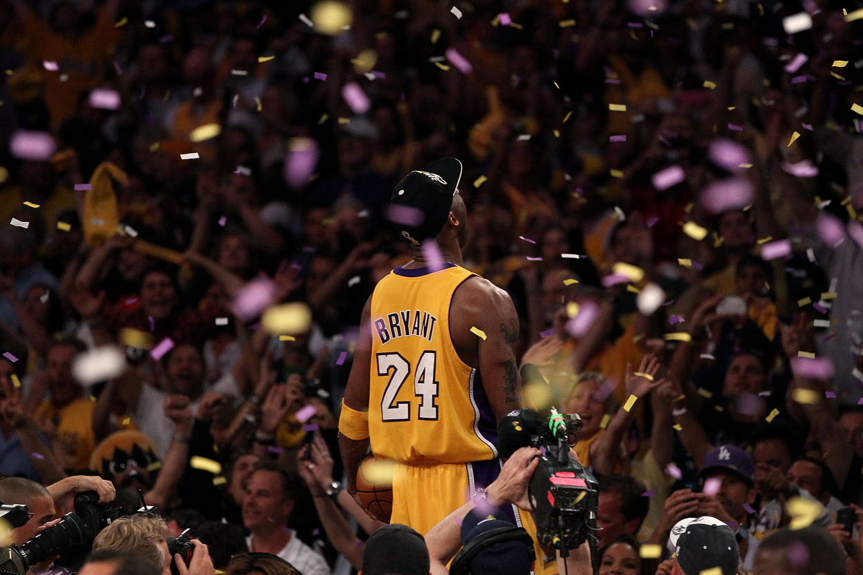 Lakers legend Kobe Bryant celebrating a win in Game 7 of the 2010 NBA Finals at Staples Center.