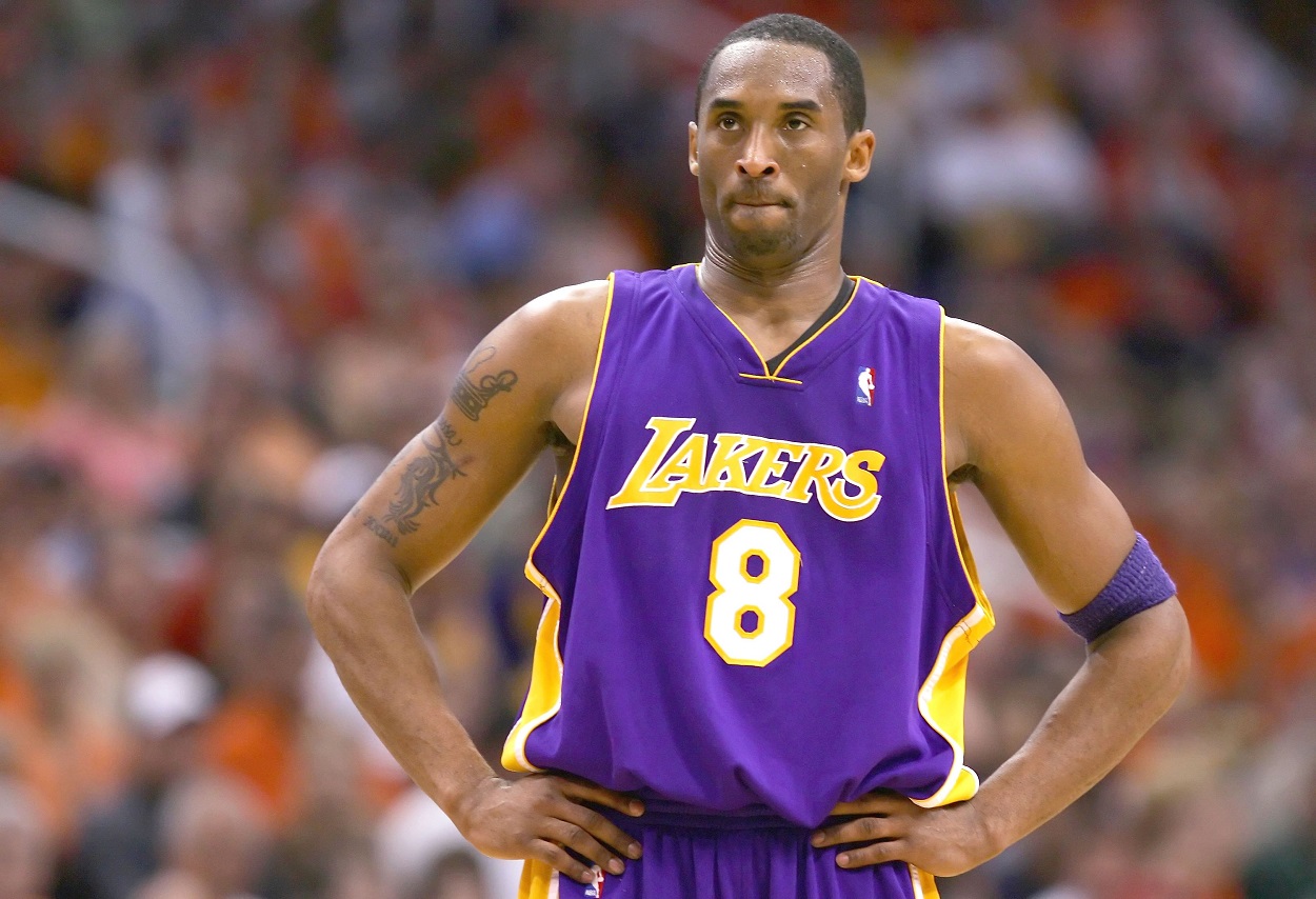 Lakers guard Kobe Bryant reacts to a play during an NBA game.