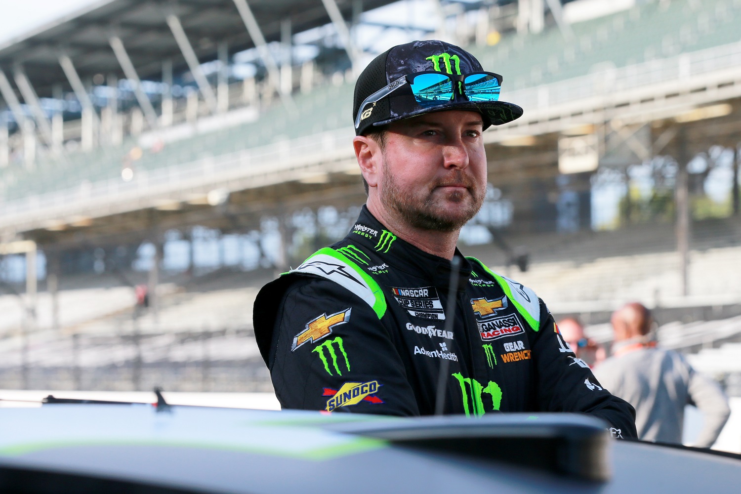 Kurt Busch waits on the grid area during qualifying for the NASCAR Cup Series Verizon 200 at the Brickyard at Indianapolis Motor Speedway on Aug. 15, 2021.