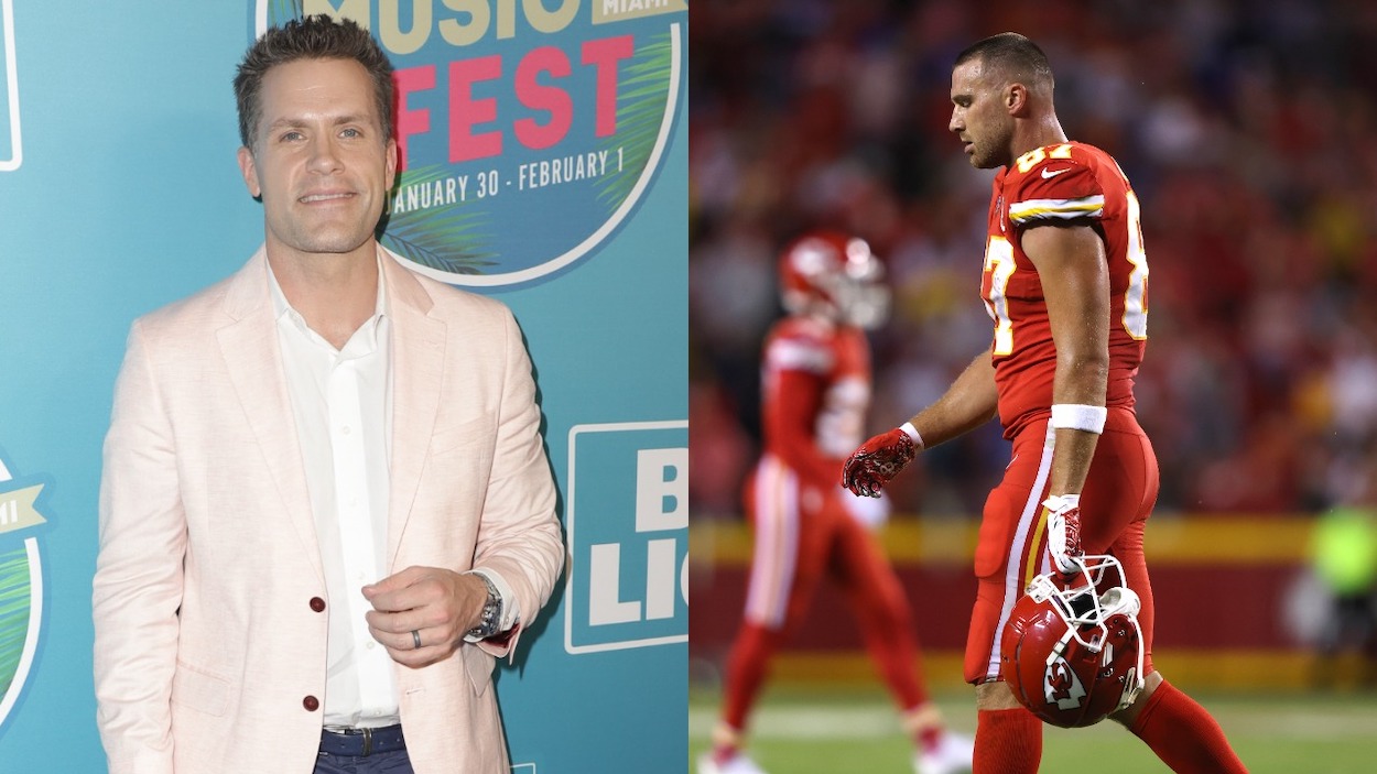 (L-R) Kyle Brandt arrives at the Bud Light Super Bowl Music Fest - Night 2 at American Airlines Arena on January 31, 2020 in Miami, Florida; Travis Kelce of the Kansas City Chiefs walks off the field after an interception during the second half of a game against the Buffalo Bills at Arrowhead Stadium on October 10, 2021 in Kansas City, Missouri.