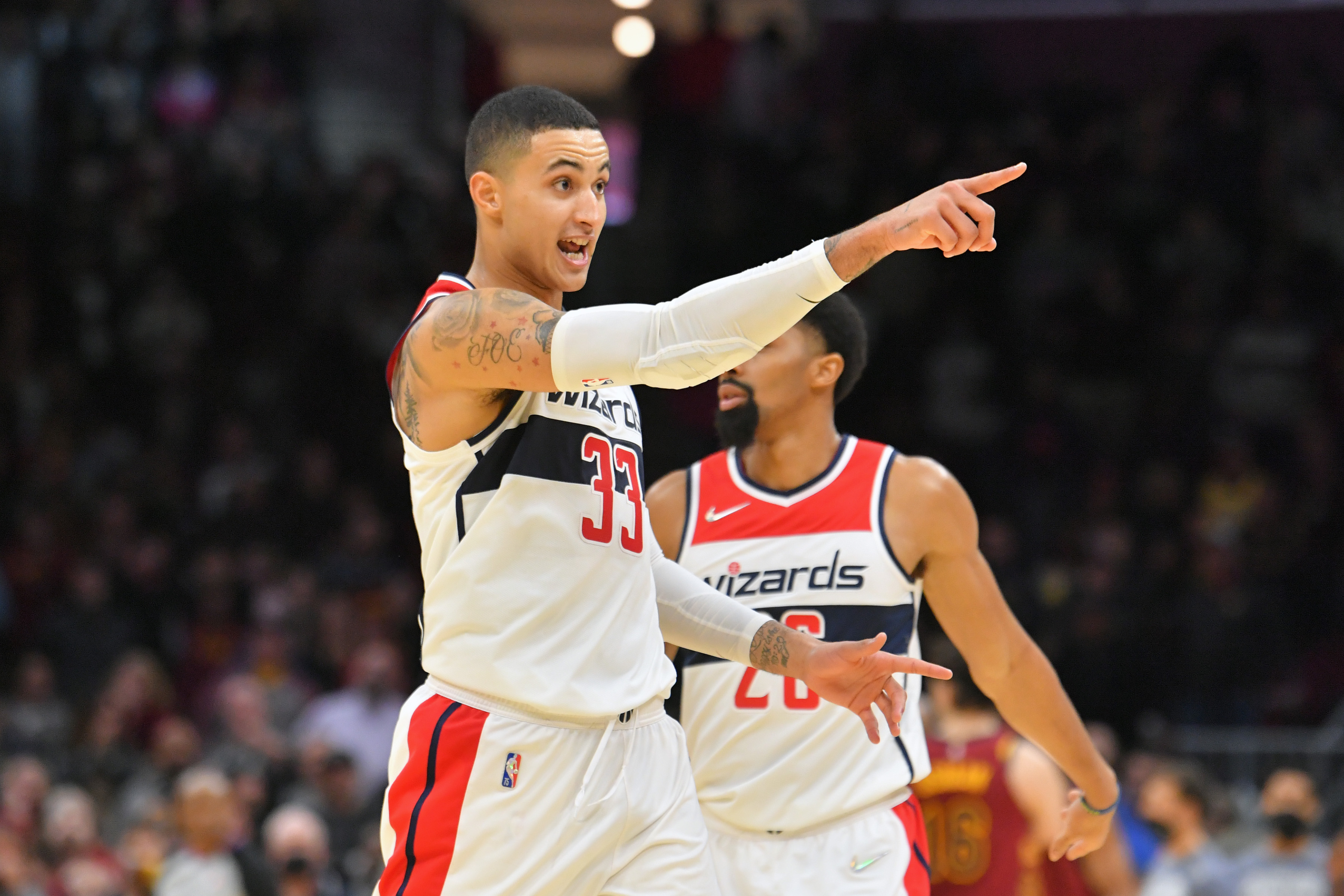 Washington Wizards forward Kyle Kuzma celebrates a game-winning three-pointer during a game against the Cleveland Cavaliers