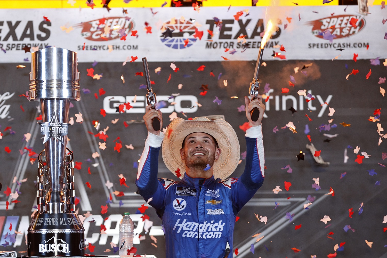Kyle Larson, driver of the No. 5 Chevrolet, celebrates in victory lane after winning the NASCAR All-Star Race at Texas Motor Speedway on June 13, 2021 in Fort Worth, Texas.
