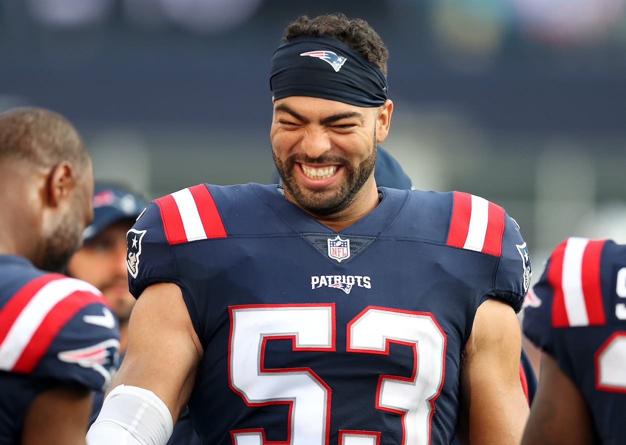 Kyle Van Noy of the New England Patriots reacts against the Miami Dolphins at Gillette Stadium on September 12, 2021 in Foxborough, Massachusetts.
