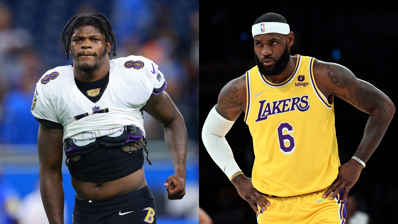 Ravens QB Lamar Jackson runs off field after a game; Lakers forward LeBron James in action