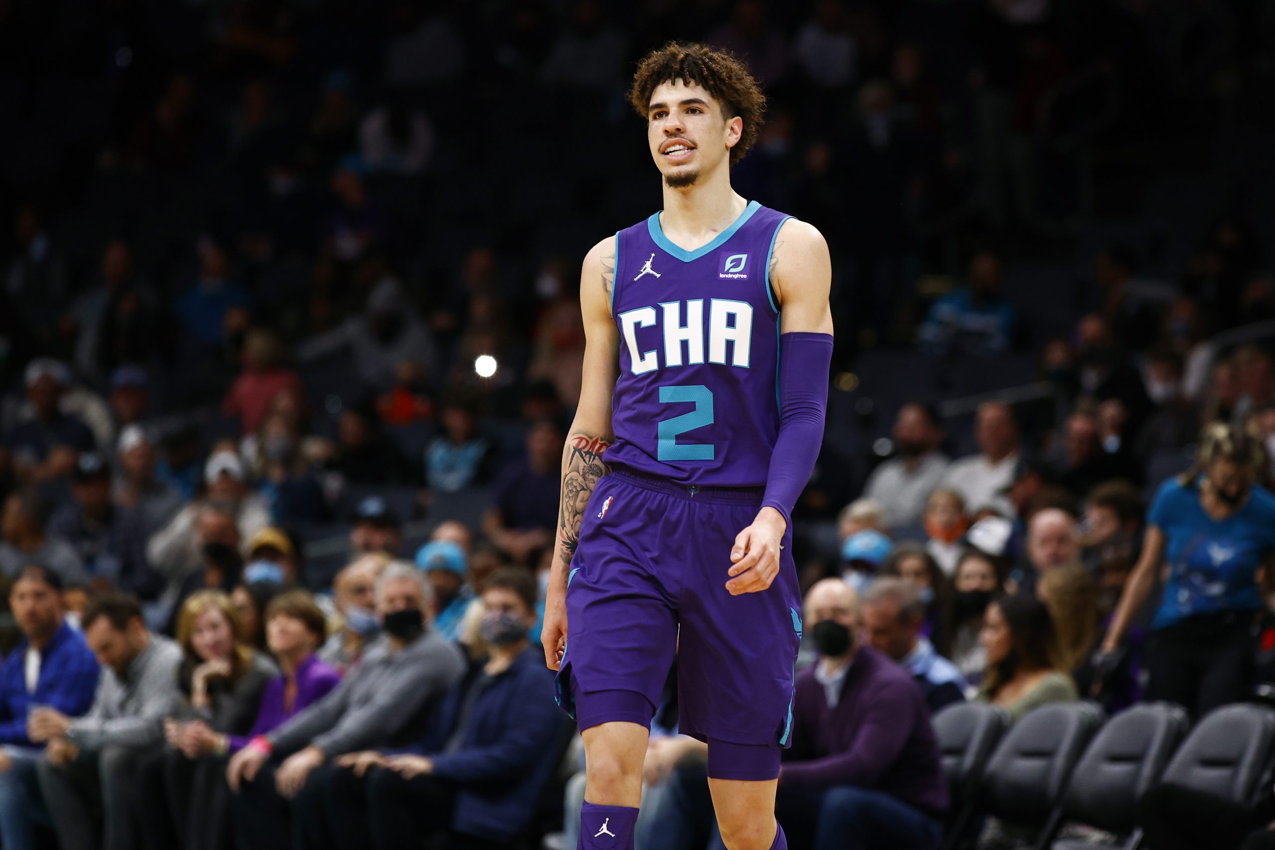 LaMelo Ball of the Charlotte Hornets looks on following a play.